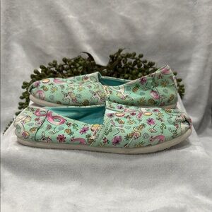 Toms Mint Green Slip-On Shoes with Floral Flamingoes and Unicorn Accents - Sz 3